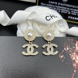Authentic Chanel Earrings - Gold Metal, Crystal, Pearl, with Box